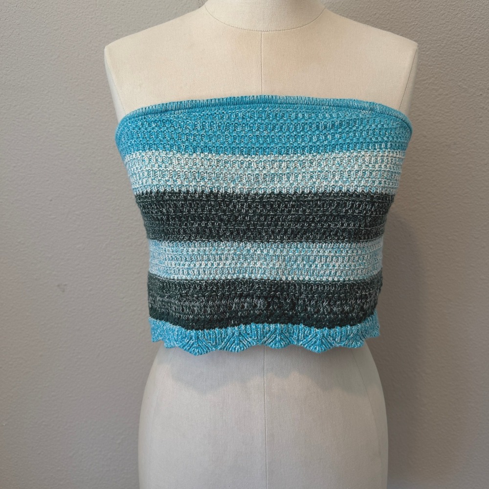 Cotton On Blue Striped Knit Tube Top Scalloped Hem Strapless Crop Medium